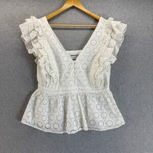 J. Crew Womens Blouse Eyelet Ruffle Peplum Top V-Neck Sleeveless White‎ Size 12